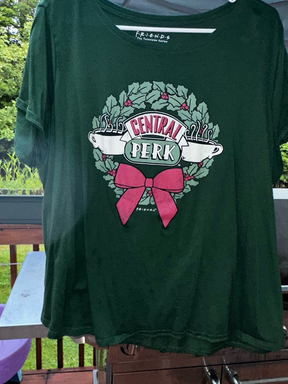 Kohl's Friends Central Perk Dark Green Graphic Tee with Pink Bow